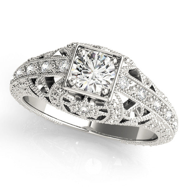 Platinum Round Brilliant Milgrain Filigree Diamond Ring with Square Prong Setting