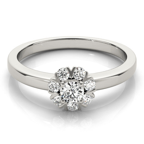 Silver Round Diamond Floral Halo Solitaire Ring with Channel-Set Band and Claw Prong Setting