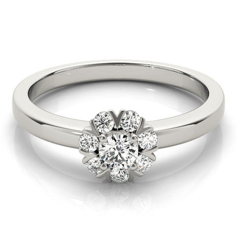 Silver Round Diamond Floral Halo Solitaire Ring with Channel-Set Band and Claw Prong Setting
