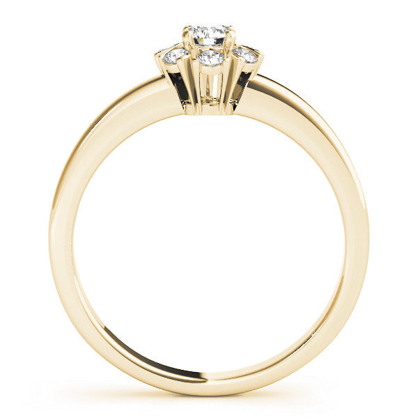 Yellow gold Round Diamond Floral Halo Solitaire Ring with Channel-Set Band and Claw Prong Setting