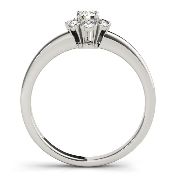White gold Round Diamond Floral Halo Solitaire Ring with Channel-Set Band and Claw Prong Setting
