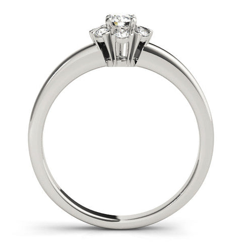Silver Round Diamond Floral Halo Solitaire Ring with Channel-Set Band and Claw Prong Setting