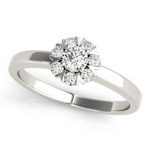Silver Round Diamond Floral Halo Solitaire Ring with Channel-Set Band and Claw Prong Setting