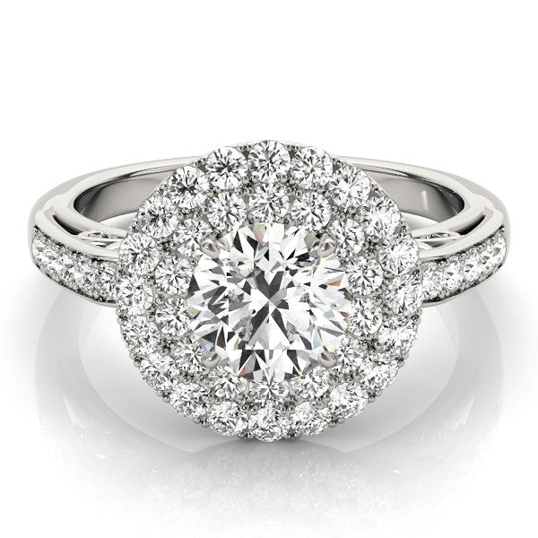 Platinum Double Halo Round Diamond Pave Band Prong Setting Ring