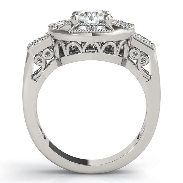 Platinum Milgrain Round Diamond Halo Split Shank Ring