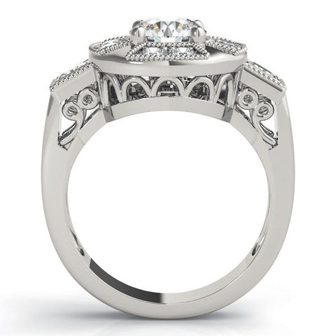 Silver Milgrain Round Diamond Halo Split Shank Ring