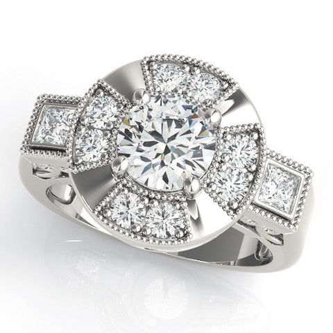 Silver Milgrain Round Diamond Halo Split Shank Ring