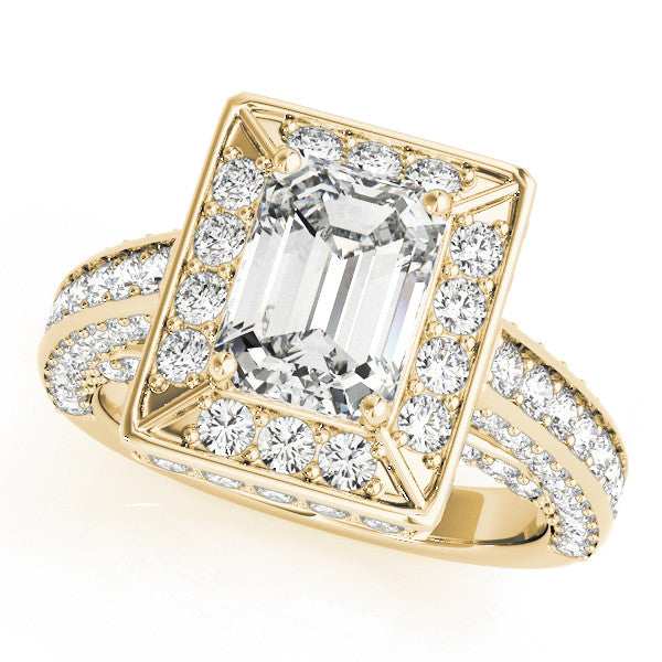 Yellow gold Emerald Cut Halo Pave Split Shank Prong Setting Ring