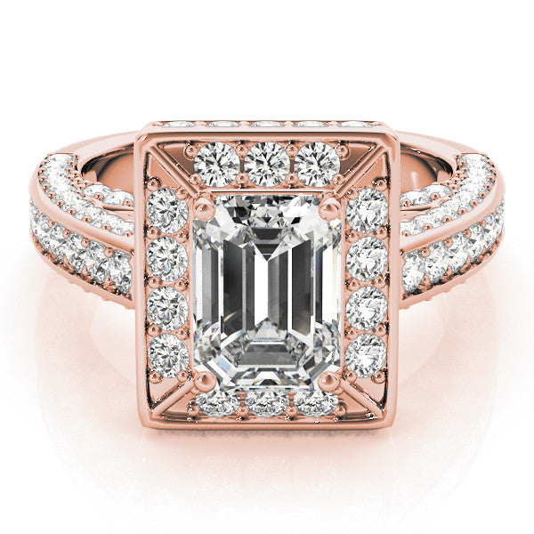 Rose gold Emerald Cut Halo Pave Split Shank Prong Setting Ring