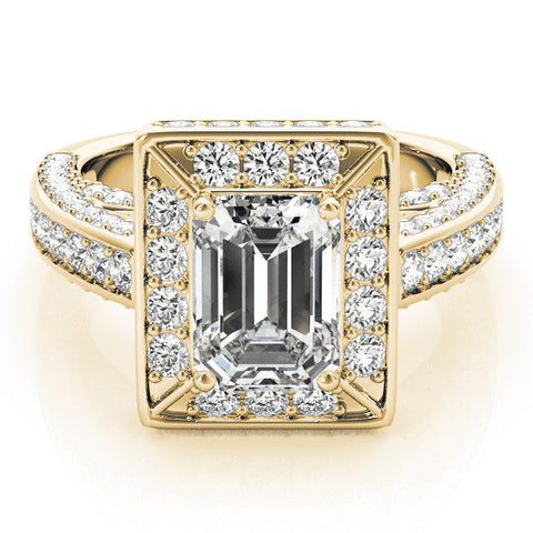 Yellow gold Emerald Cut Halo Pave Split Shank Prong Setting Ring