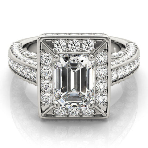 Platinum Emerald Cut Halo Pave Split Shank Prong Setting Ring