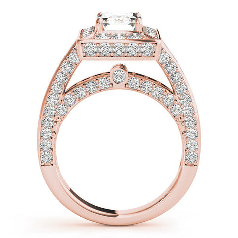 Rose gold Emerald Cut Halo Pave Split Shank Prong Setting Ring