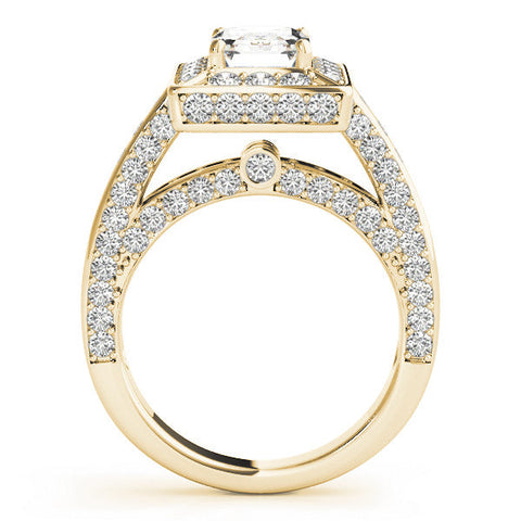 Yellow gold Emerald Cut Halo Pave Split Shank Prong Setting Ring