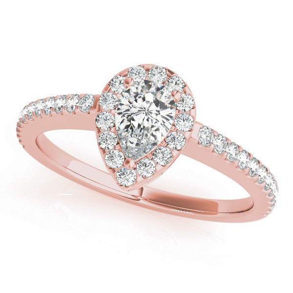 Rose gold Pear Halo Diamond Engagement Ring with Pavé Band and Prong Setting