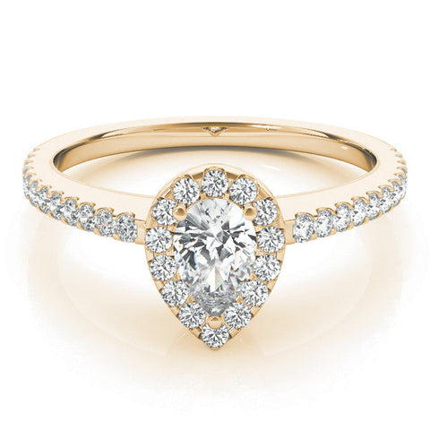 Yellow gold Pear Halo Diamond Engagement Ring with Pavé Band and Prong Setting