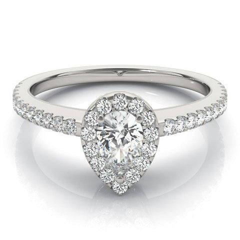 White gold Pear Halo Diamond Engagement Ring with Pavé Band and Prong Setting