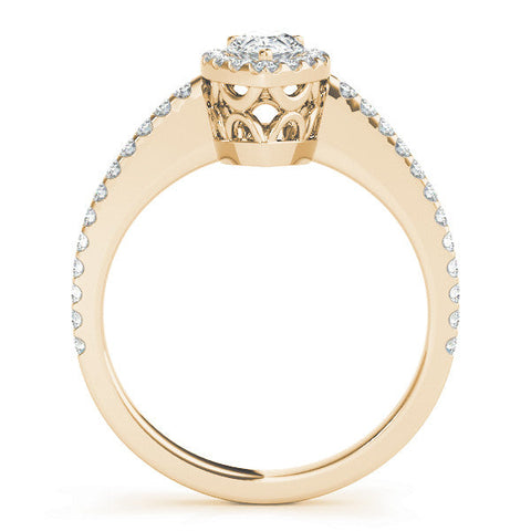 Yellow gold Pear Halo Diamond Engagement Ring with Pavé Band and Prong Setting