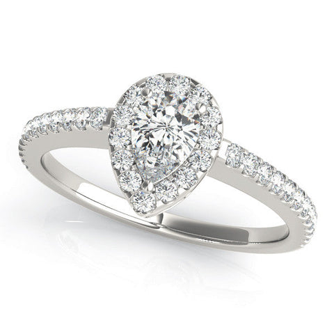 White gold Pear Halo Diamond Engagement Ring with Pavé Band and Prong Setting