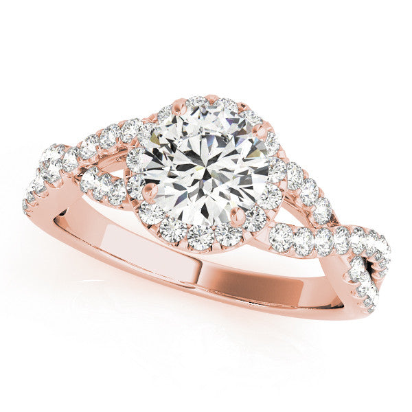 Rose gold Round Halo Twist Band Solitaire Ring with Four-Prong Setting