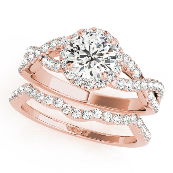 Rose gold Round Halo Twist Band Solitaire Ring with Four-Prong Setting