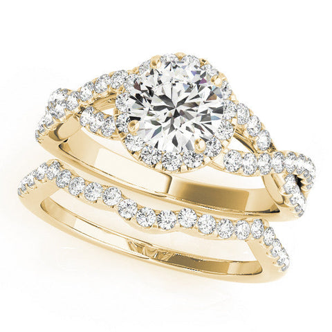 Yellow gold Round Halo Twist Band Solitaire Ring with Four-Prong Setting