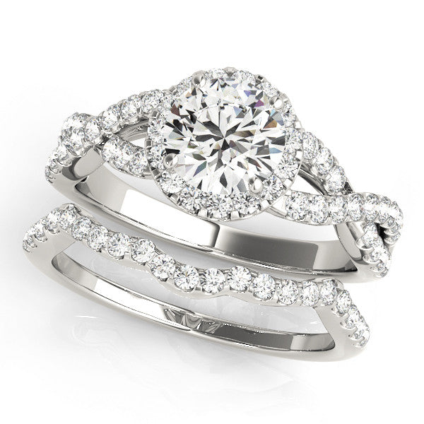 Platinum Round Halo Twist Band Solitaire Ring with Four-Prong Setting