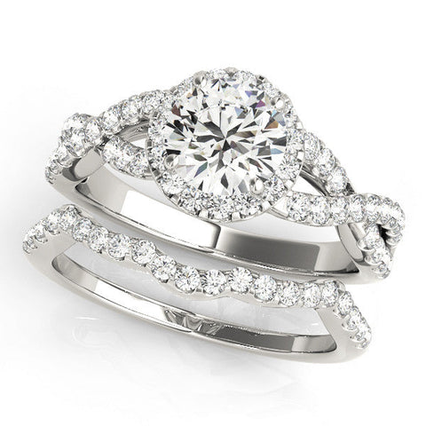 Silver Round Halo Twist Band Solitaire Ring with Four-Prong Setting