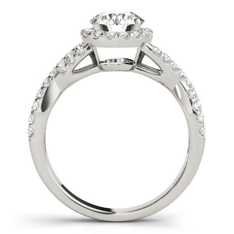 Platinum Round Halo Twist Band Solitaire Ring with Four-Prong Setting