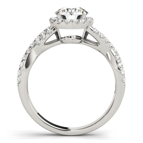 Silver Round Halo Twist Band Solitaire Ring with Four-Prong Setting