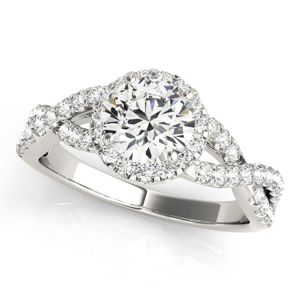 Silver Round Halo Twist Band Solitaire Ring with Four-Prong Setting