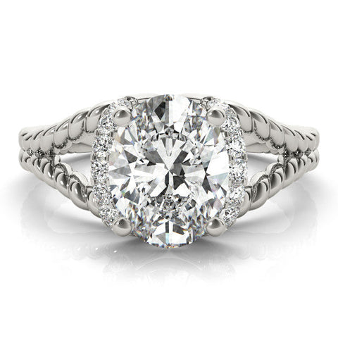Platinum Oval Halo Twisted Band Four-Prong Ring