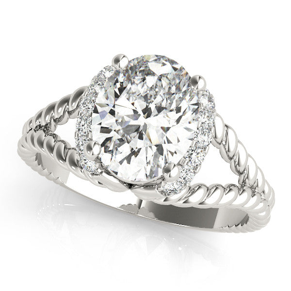 Platinum Oval Halo Twisted Band Four-Prong Ring