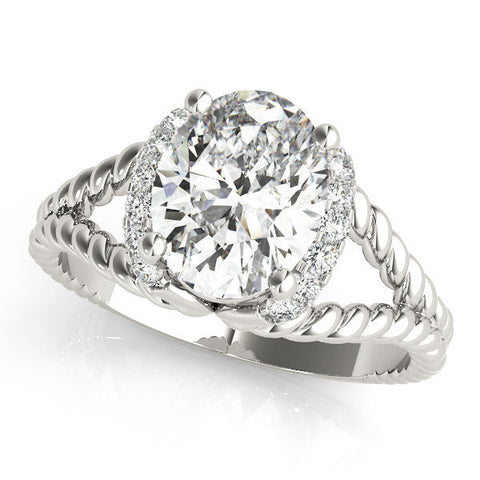 Platinum Oval Halo Twisted Band Four-Prong Ring