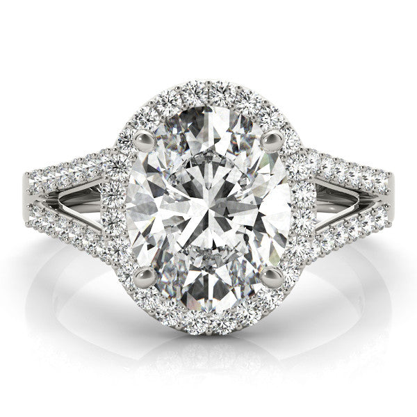 Silver Oval Halo Split Shank Diamond Ring with Four-Prong Setting