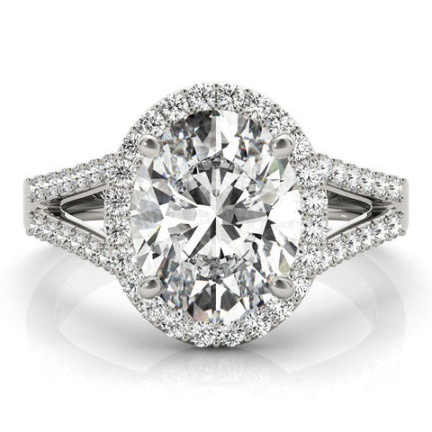Platinum Oval Halo Split Shank Diamond Ring with Four-Prong Setting