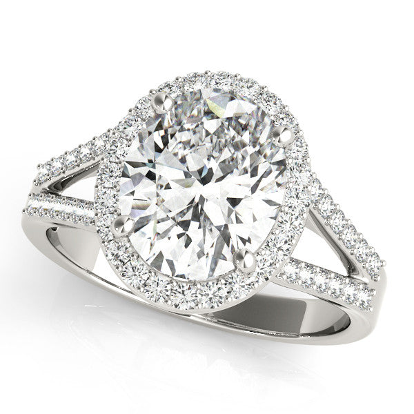 Platinum Oval Halo Split Shank Diamond Ring with Four-Prong Setting