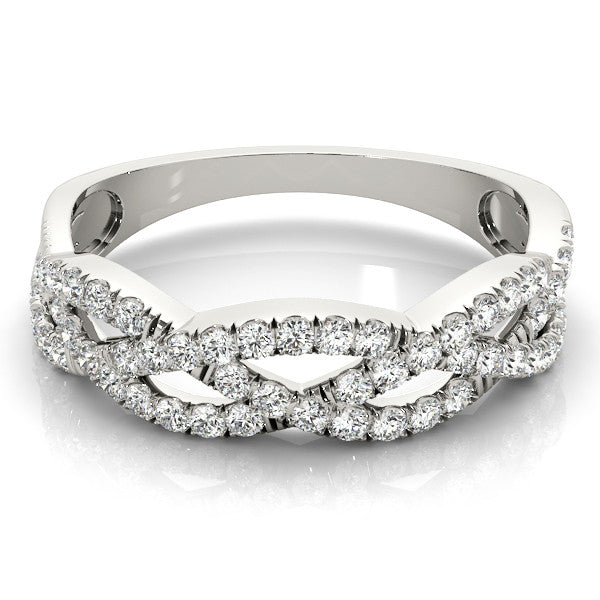 White gold Pave Round Diamond Twist Band with Shared Prong Setting