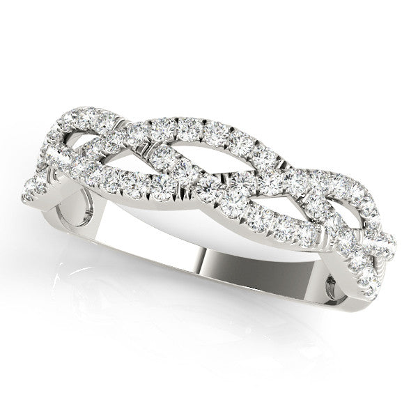White gold Pave Round Diamond Twist Band with Shared Prong Setting