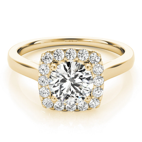 Yellow gold Cushion Halo Round Diamond Solitaire Ring with Pavé Band and Four-Prong Setting