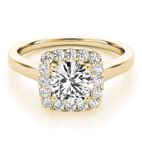Yellow gold Cushion Halo Round Diamond Solitaire Ring with Pavé Band and Four-Prong Setting