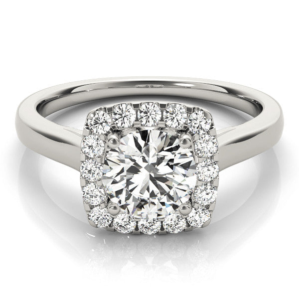 White gold Cushion Halo Round Diamond Solitaire Ring with Pavé Band and Four-Prong Setting