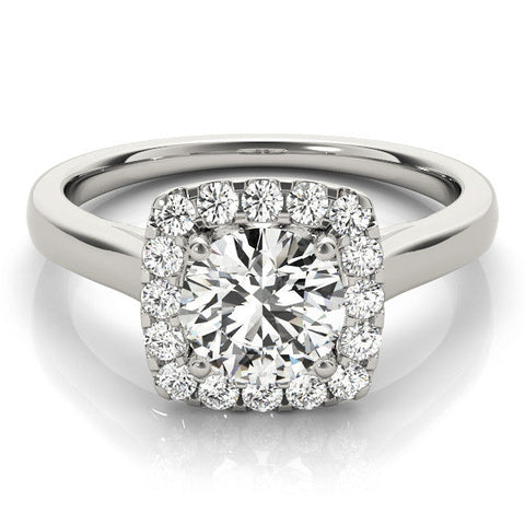 White gold Cushion Halo Round Diamond Solitaire Ring with Pavé Band and Four-Prong Setting