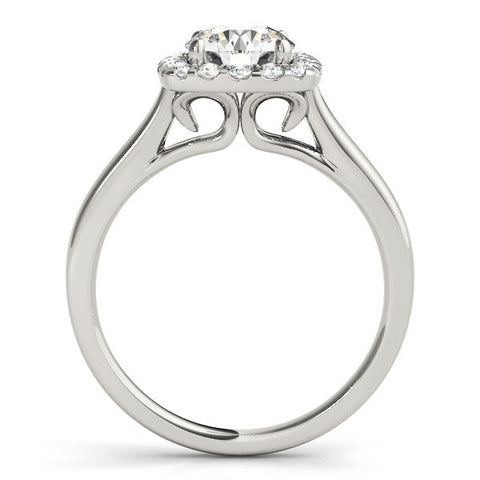 White gold Cushion Halo Round Diamond Solitaire Ring with Pavé Band and Four-Prong Setting
