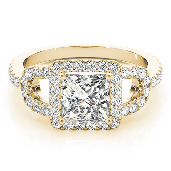 Yellow gold Princess Cut Halo Split Shank Diamond Ring with Four-Prong Setting