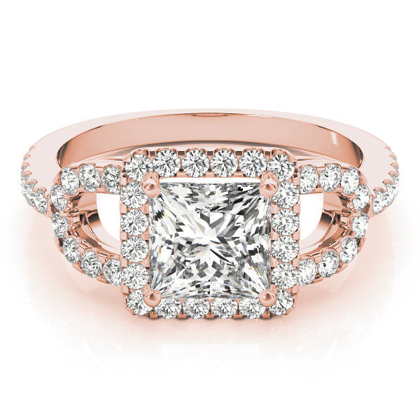 Rose gold Princess Cut Halo Split Shank Diamond Ring with Four-Prong Setting
