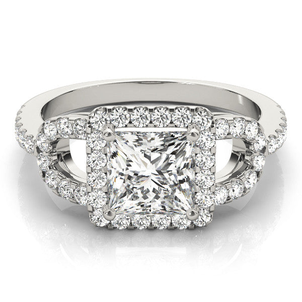 White gold Princess Cut Halo Split Shank Diamond Ring with Four-Prong Setting