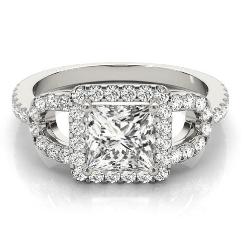 Silver Princess Cut Halo Split Shank Diamond Ring with Four-Prong Setting