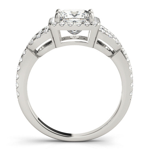 White gold Princess Cut Halo Split Shank Diamond Ring with Four-Prong Setting