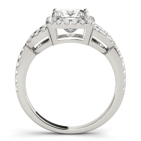 Silver Princess Cut Halo Split Shank Diamond Ring with Four-Prong Setting
