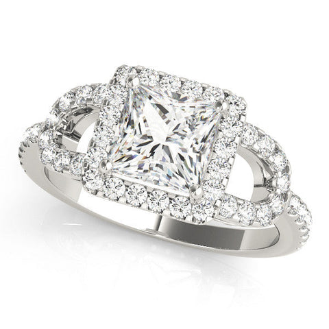 Silver Princess Cut Halo Split Shank Diamond Ring with Four-Prong Setting